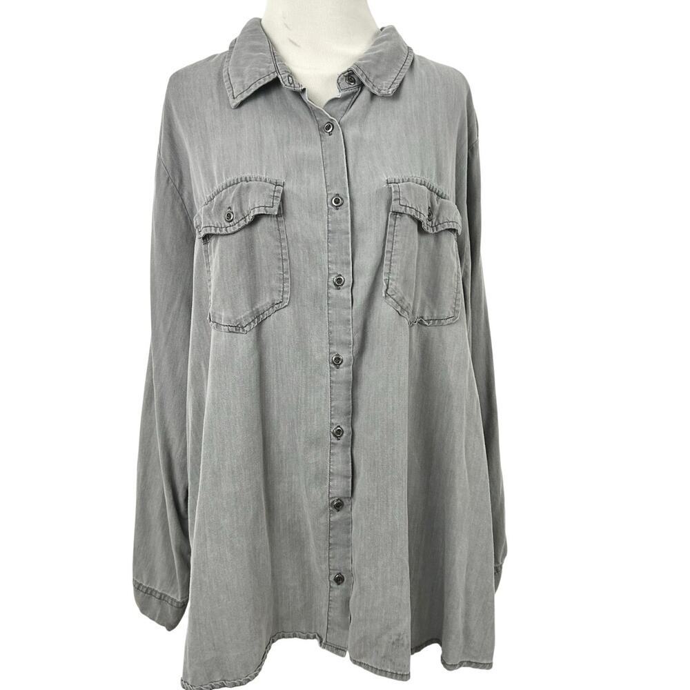 Molly Isadora Gray Lyocell Button Front Shirt Womens 2X Utility Top